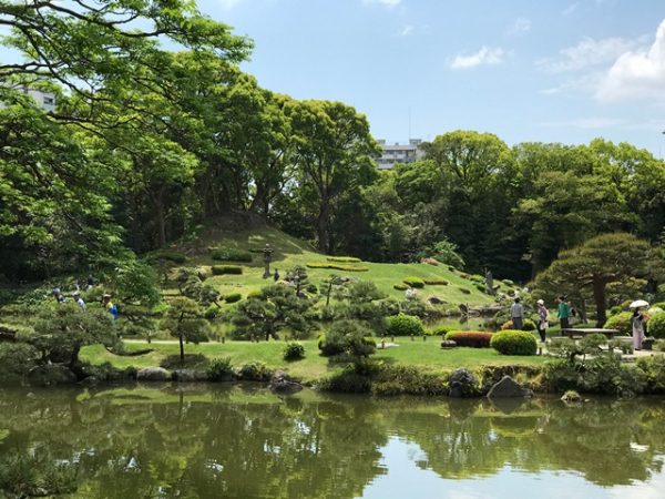 Metropolitan Gardens : 東京都故園, Japanese Culture, Looking across the lake from the small islet to a small hill with shrubs and surrounded by trees with a blue sky in Kiyosumi gardens, Koto ward, Tokyo metropolis, Japan.