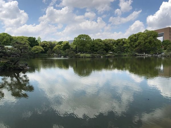 Metropolitan Gardens : 東京都故園, Japanese Culture, Looking across the lake at Kiyosumi gardens with tall trees on the other side and blue sky with a modern building on the right.