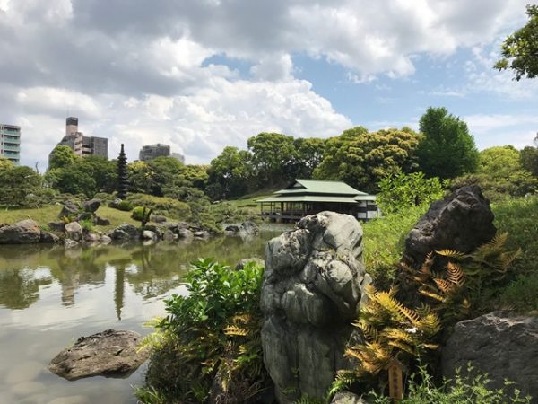 Metropolitan Gardens : 東京都故園, Japanese Culture, At Kiyosumi gardens, the tea house, lake, usually and large rocks imported from across Japan, modern buildings in the background, and a partly cloudy spring sky.