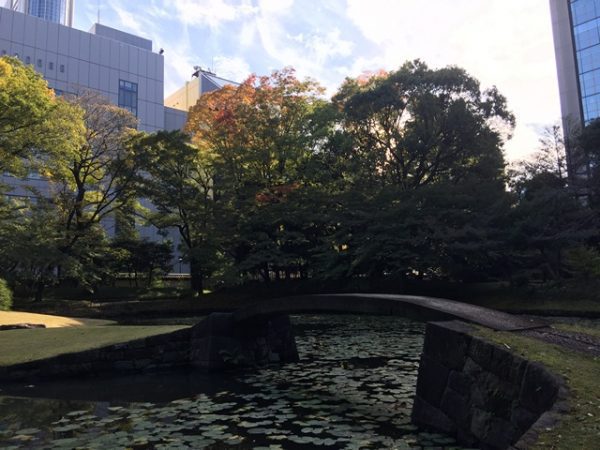 Metropolitan Gardens : 東京都故園, Japanese Culture, A bridge crossing over the pond to an islet at Koishikawa Korakuen gardens, with autumn trees and office buildings in the background.