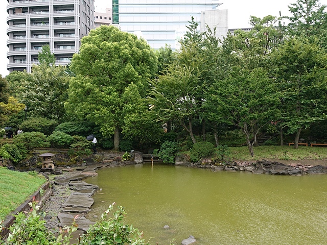 The tidal pond, assorted large stones along its bank, many green trees and office buildings in the background.