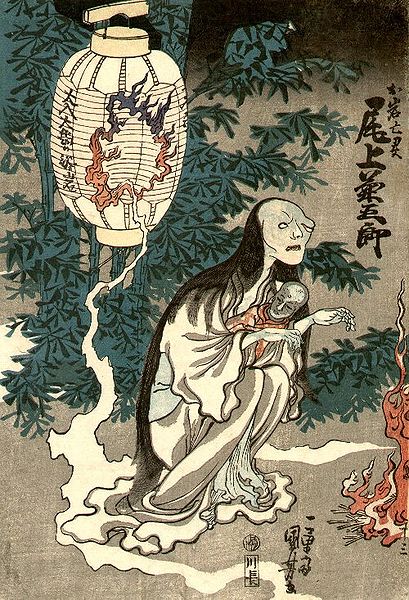 Wood print of Oiwa’s ghost crawling out of a lantern to haunt her very bad husband Iemon.