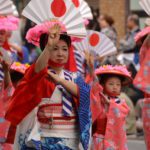Dancers at a festival in Hakata during May.