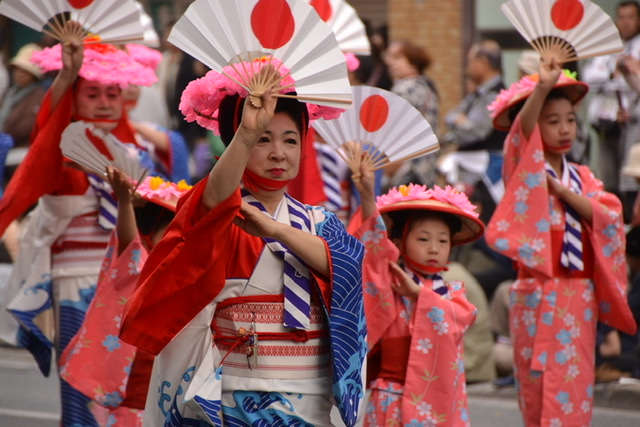 Dancers at a festival in Hakata during May.