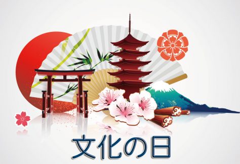 Japanese Culture, November in Japan, Culture day image showing various famous parts of Japanese culture such as a Tori gate, pagoda, paper fan and cherry blossoms.