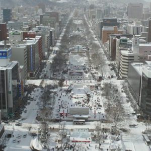 Japanese Culture, Sapporo Snow Festival, Odori Park in Sapporo during the Sapporo Snow Festival (Aerial View)