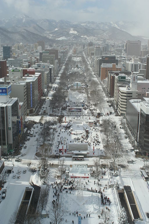 Japanese Culture, Sapporo Snow Festival, Odori Park in Sapporo during the Sapporo Snow Festival (Aerial View)