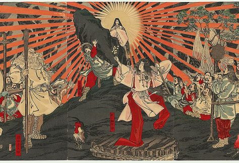 Japanese Culture, November in Japan, Various Japanese gods dancing around the sun goddess Ameretsu.