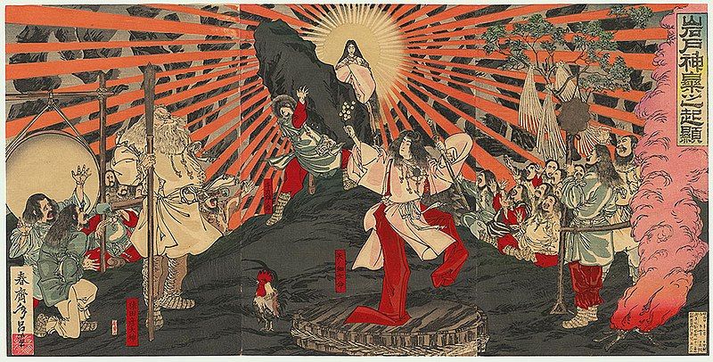 Japanese Culture, November in Japan, Various Japanese gods dancing around the sun goddess Ameretsu.