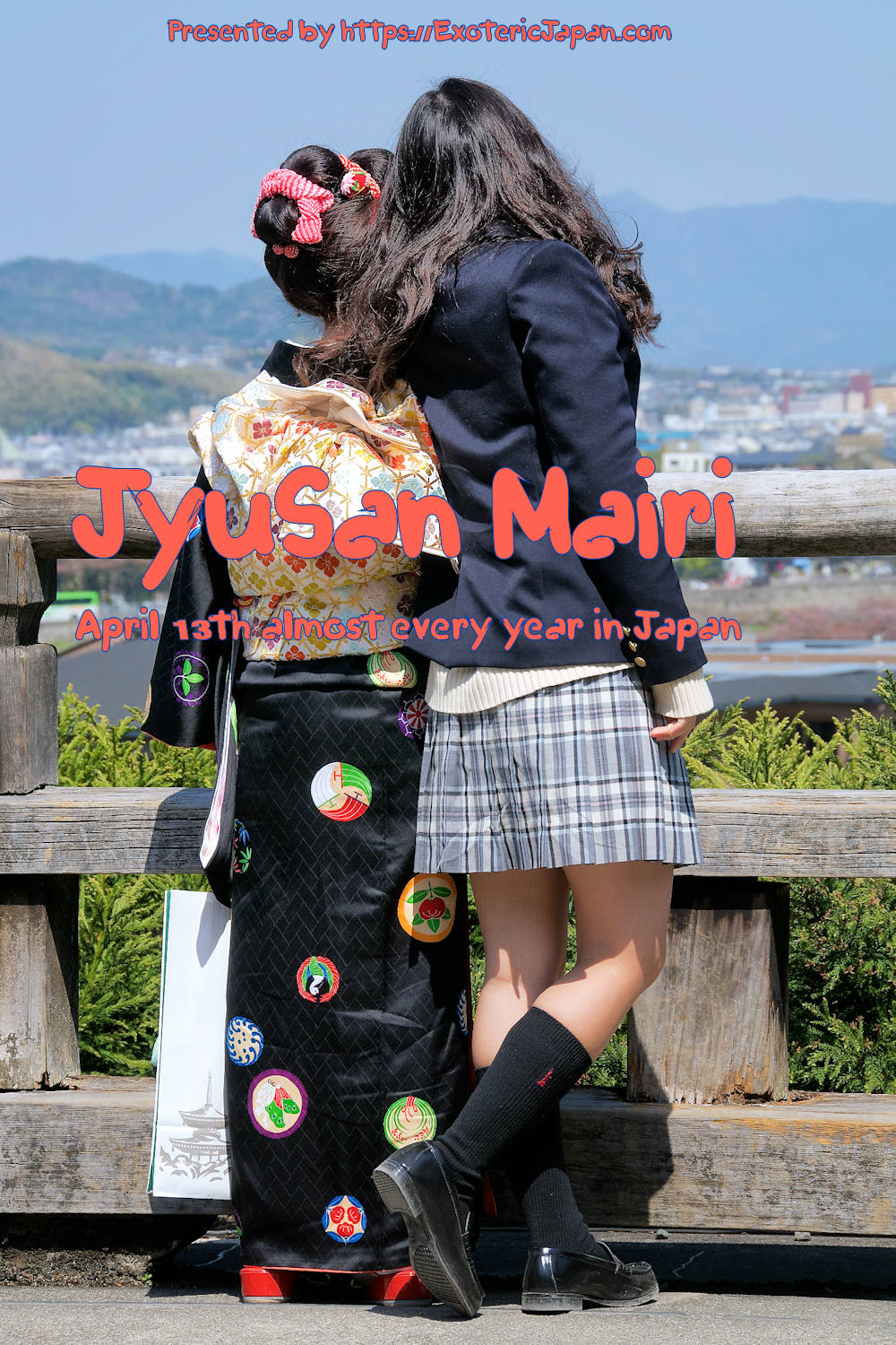 Exoteric Japan, Japanese Culture, April in Japan, Two young women, one wearing a kimono and the other wearing a junior high school uniform, stair out from a viewing platform at the surrounding countryside below.