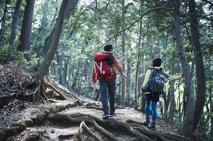 Two people going backpacking in a forest.