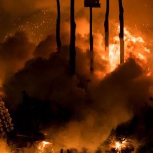 The shrine and other places burning down at the Nozawa Fire Festival in Nagano.