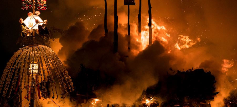 The shrine and other places burning down at the Nozawa Fire Festival in Nagano.