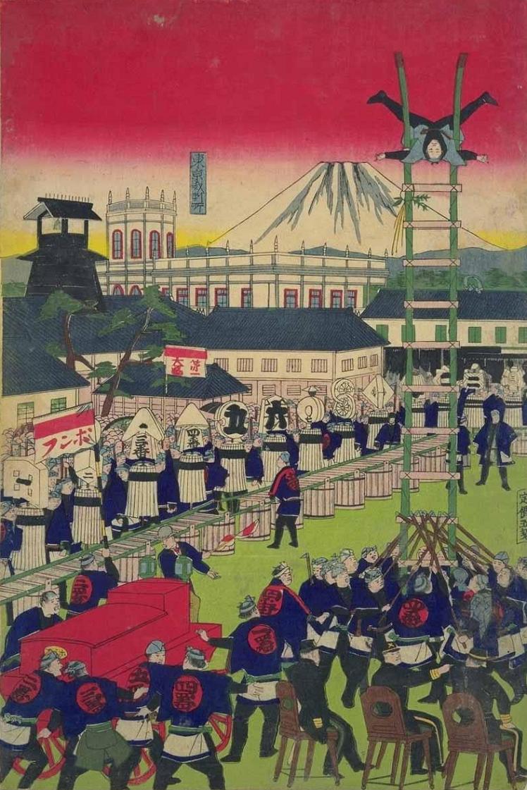 Japanese Edo era woodcut print of the first day ceremony for firefighters