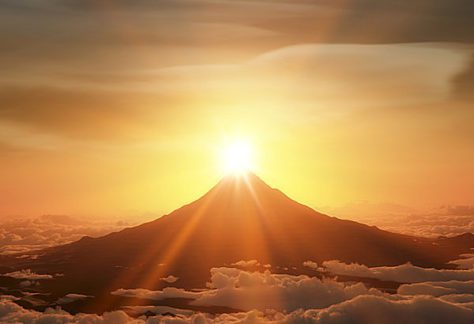 Sun rising over Mount Fuji.