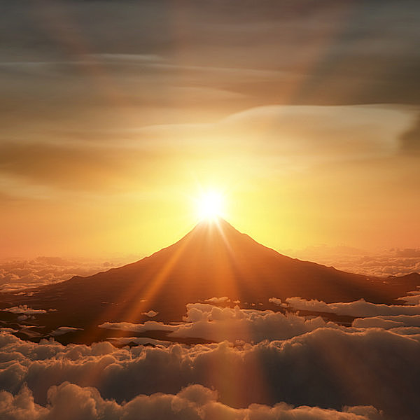 Sun rising over Mount Fuji.