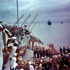 End of War Memorial Day, Japanese Culture, Japanese Holidays, Representatives of the Japanese Government arrive on the USS Missouri to sign the Articles of Surrender ending the war with Japan in WWII.