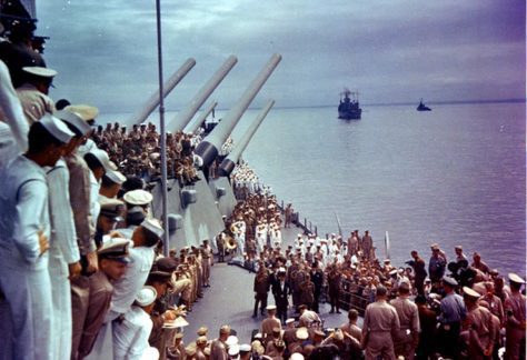 End of War Memorial Day, Japanese Culture, Japanese Holidays, Representatives of the Japanese Government arrive on the USS Missouri to sign the Articles of Surrender ending the war with Japan in WWII.