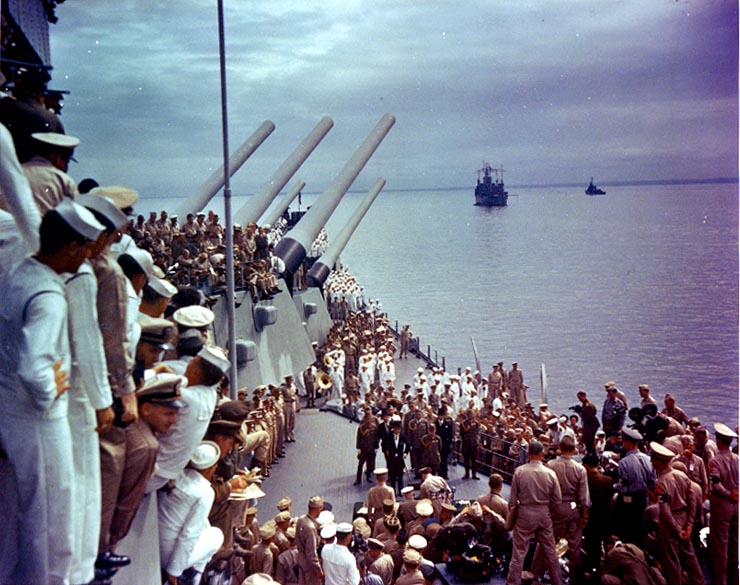 End of War Memorial Day, Japanese Culture, Japanese Holidays, Representatives of the Japanese Government arrive on the USS Missouri to sign the Articles of Surrender ending the war with Japan in WWII.