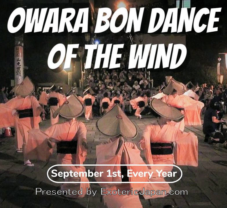 ExotericJapan.com, Japanese Culture, Owara Kaze no Bon aka “Owara Bon Dance of the Wind” おわら風の盆 dancers performing on the street at night in pink kimonos and long, straw , half-circle hats that cover their faces.
