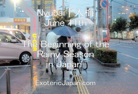 Japanese Culture, Japanese Cultural Calendar, Exoteric Japan, Nyubai 入梅 People walking on the sidewalk somewhere in Tokyo on a rainy day