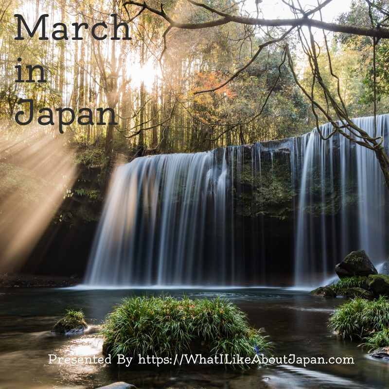 Japanese Culture, March in Japan, Sun shining through the trees at a waterfall in the woods somewhere in the Japanese countryside.