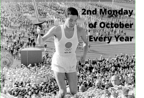 Sports Day in Japan, Japanese Culture, Japanese Holidays in October, Man running up stairs carrying the Olympic torch during the 1964 summer Olympics in Tokyo