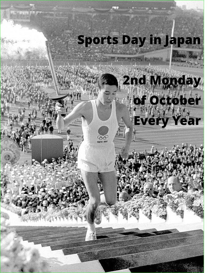 Sports Day in Japan, Japanese Culture, Japanese Holidays in October, Man running up stairs carrying the Olympic torch during the 1964 summer Olympics in Tokyo
