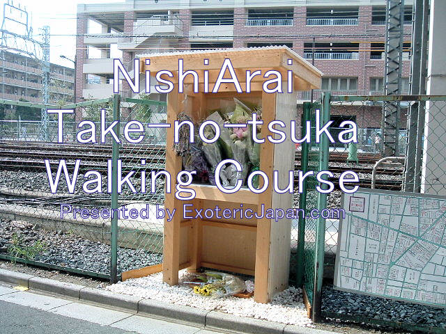 Nishiarai Takenotsuka Course | 西新井竹の塚コース View of a hut with flowers on the edge of the railroad with the outer fence going around it.