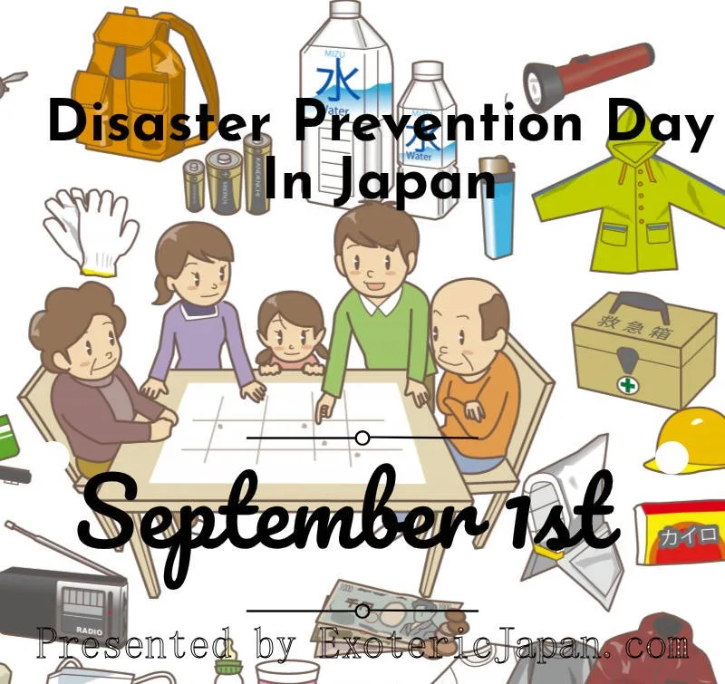 Japanese Culture, September in Japan, A graphic of a family planning for a natural disaster. Disaster Prevention Day 防災の日　ぼうさいのひ